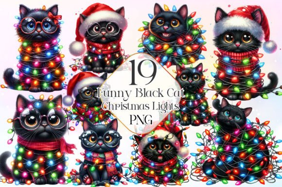 Black Cat with Christmas Lights Clipart for Illustrations