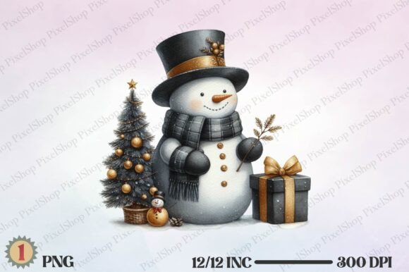 Black Gold Christmas Snowman PNG