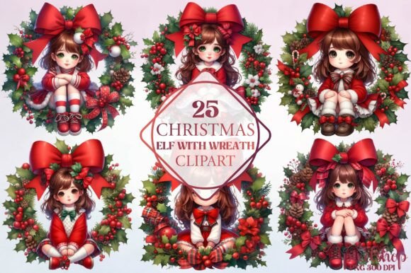 Christmas Elf with Wreath Clipart for Modern Illustrations