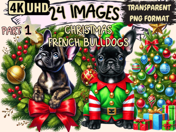 Christmas French Bulldogs Clipart P1 for Festive Illustrations