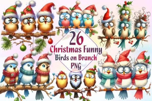 Christmas Funny Birds on Branch Clipart for Illustrations