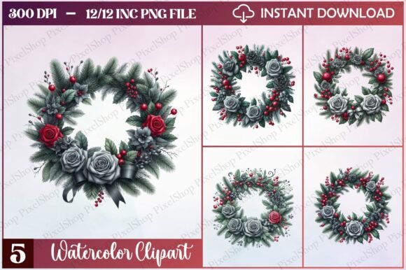 Christmas Gothic Wreath Clipart for Illustrations & Crafts