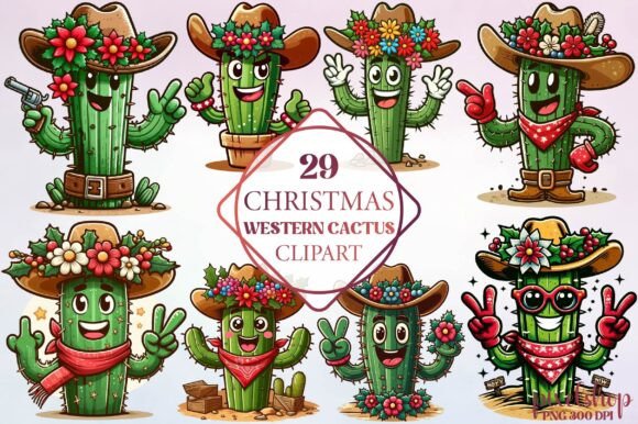 Christmas Western Cactus Clipart for Seasonal Illustrations