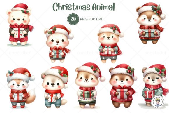 Cute Animal Wear Christmas Theme Clipart for Illustrations