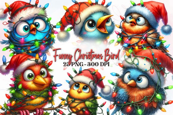 Funny Christmas Birds Watercolor Clipart for Brand Illustrations