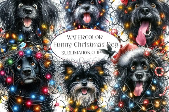 Funny Christmas Black Dog Clipart for Brand Illustrations