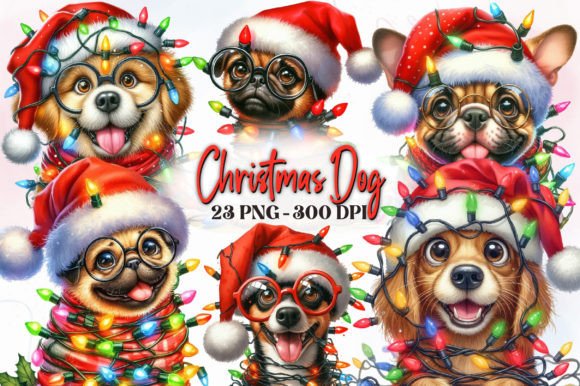 Funny Christmas Dog Watercolor Clipart for Illustrations