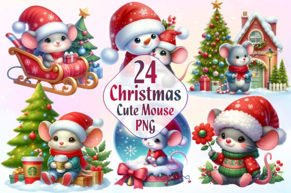Funny Christmas Mouse Watercolor Clipart for Illustrations