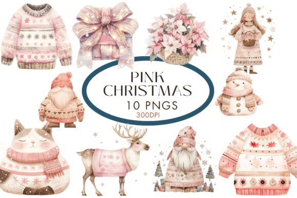 Pink Christmas Watercolour Clipart for Modern Illustrations
