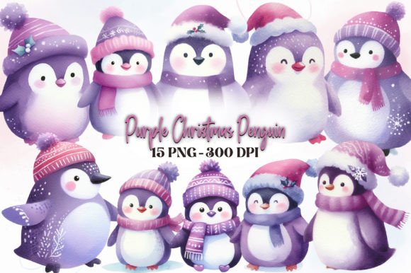 Purple Christmas Penguin Clipart for Brand Illustrations