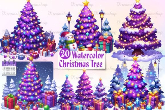 Purple Christmas Tree Watercolor Clipart for Illustrations