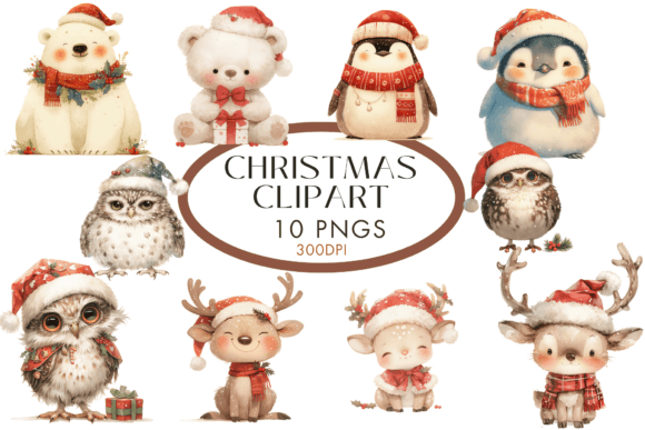 Santa Hat Christmas Animals Clipart for Seasonal Illustrations