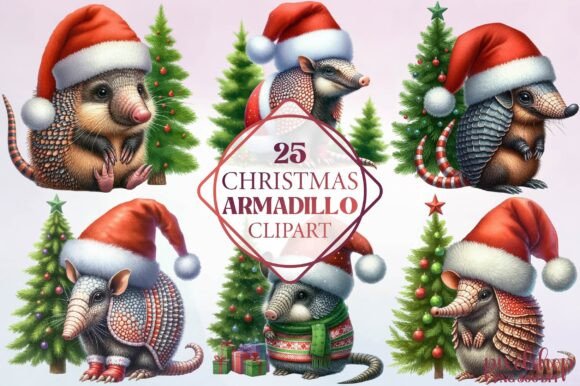 Watercolor Christmas Armadillo Clipart