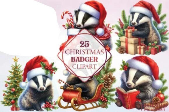 Watercolor Christmas Badger Clipart for Seasonal Illustrations