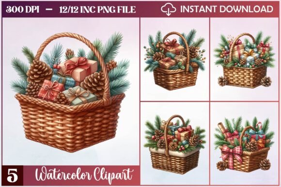 Watercolor Christmas Basket Clipart for Modern Illustrations