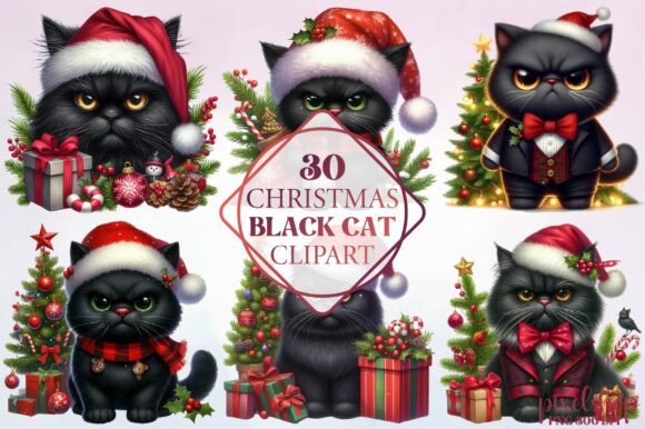 Watercolor Christmas Black Cat Clipart Review