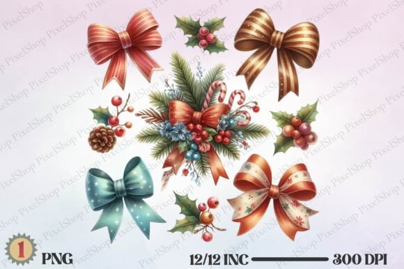 Watercolor Christmas Bows PNG: Festive Illustrations for Local Brands