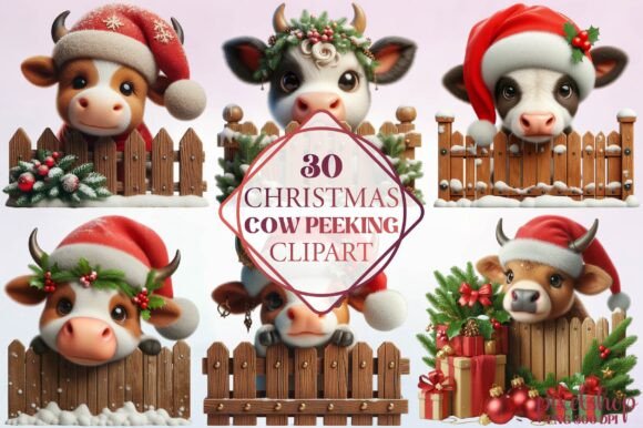 Watercolor Christmas Cow Peeking Clipart for Illustrations