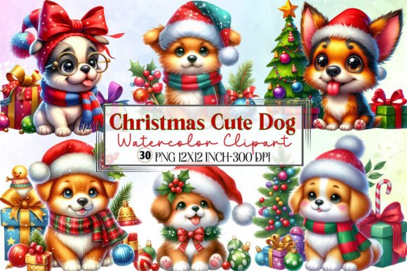Watercolor Christmas Cute Dog Clipart