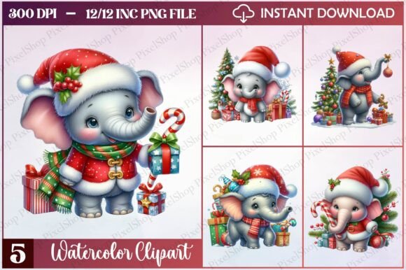 Watercolor Christmas Elephant Clipart for Modern Illustrations