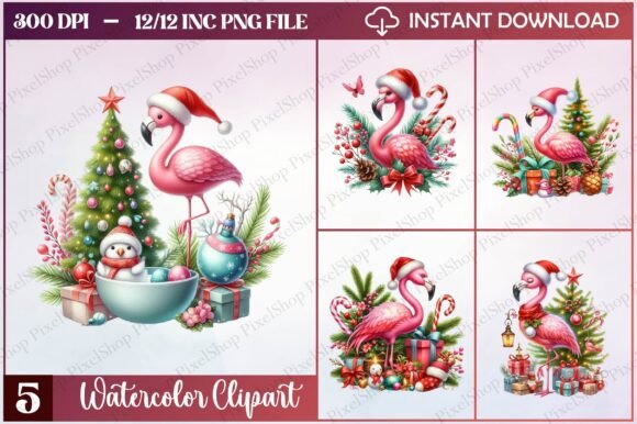 Watercolor Christmas Flamingo Clipart for Creative Illustrations