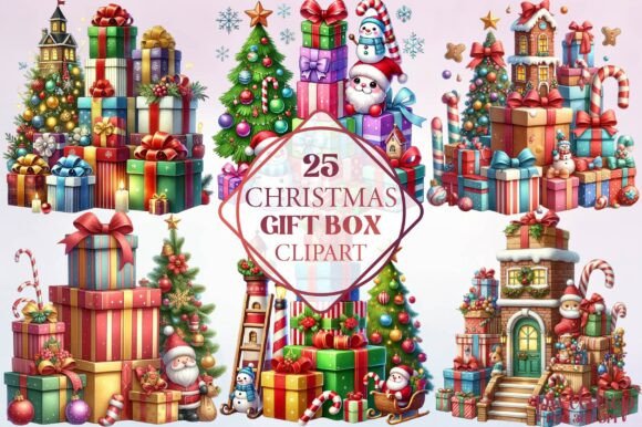 Watercolor Christmas Gift Box Clipart for Modern Illustrations