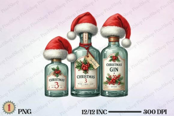Watercolor Christmas Gin Bottle: Festive Illustrations for Branding