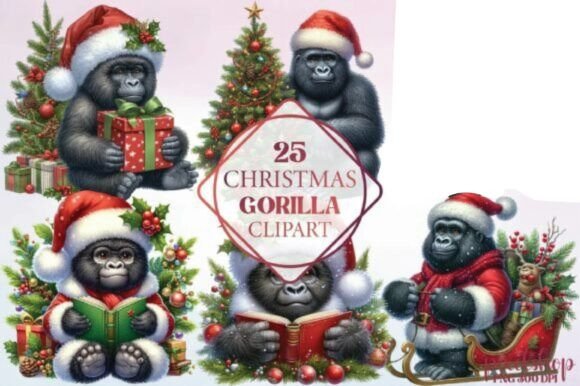 Watercolor Christmas Gorilla Clipart for Illustrations